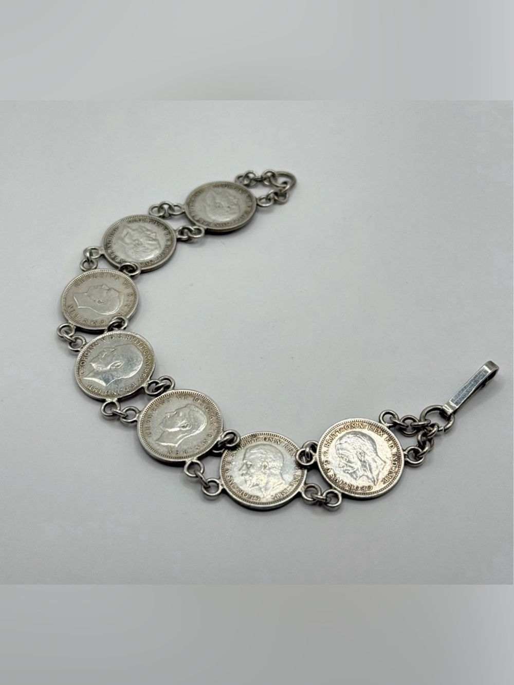 King George Silver coin Bracelet 1920 to 1940 Solid silver 7.5 inch